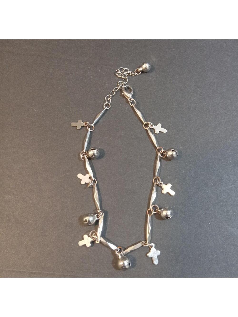 Silver Toned Link Bar Chain Anklet Small Cross Charms Jingle Bell Balls Metal